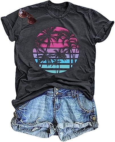 Buy Hawaiian Shirts for Women Palm Trees Beach Graphic Tee Tops Summer Vacation Short Sleeve Tshirt Tops